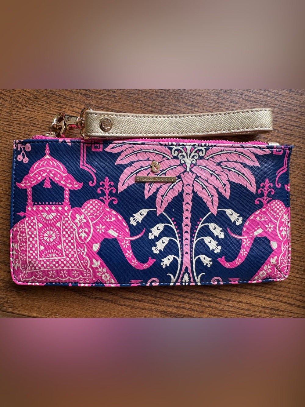 Spartina 449 Retreat Pink 💕 Navy Elephant 🐘 Wristlet Wallet Folio Gold Leather